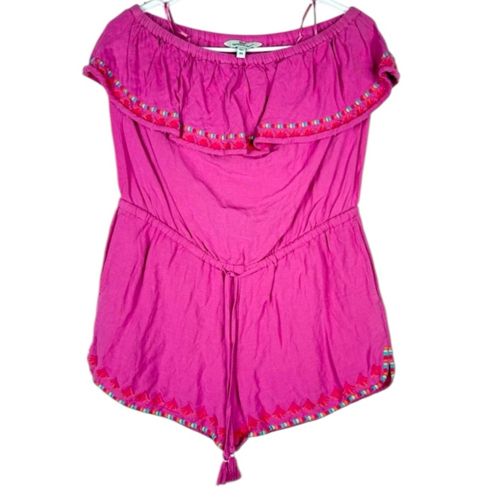 Vineyard Vines Pink Linen Blend Embroidered Romper XS Off Shoulder Tassel Trim
